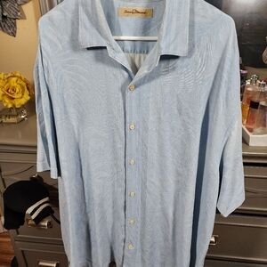 Tommy Bahama Shirt Mens 2XL Blue Silk Button Short Sleeve Camp Diamond Pattern